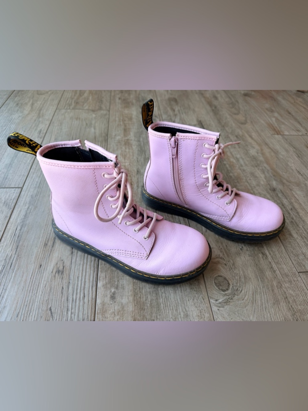 Dr. Martens Zavala J Pink Kids Combat High Top Boots Yellow Stitching Size 4